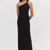 BLACK JERSEY ASYMMETRIC SLIP DRESS