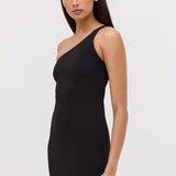 BLACK JERSEY ASYMMETRIC SLIP DRESS