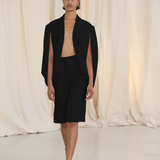 BLACK SATIN SUITING CURRENT CAPE JACKET
