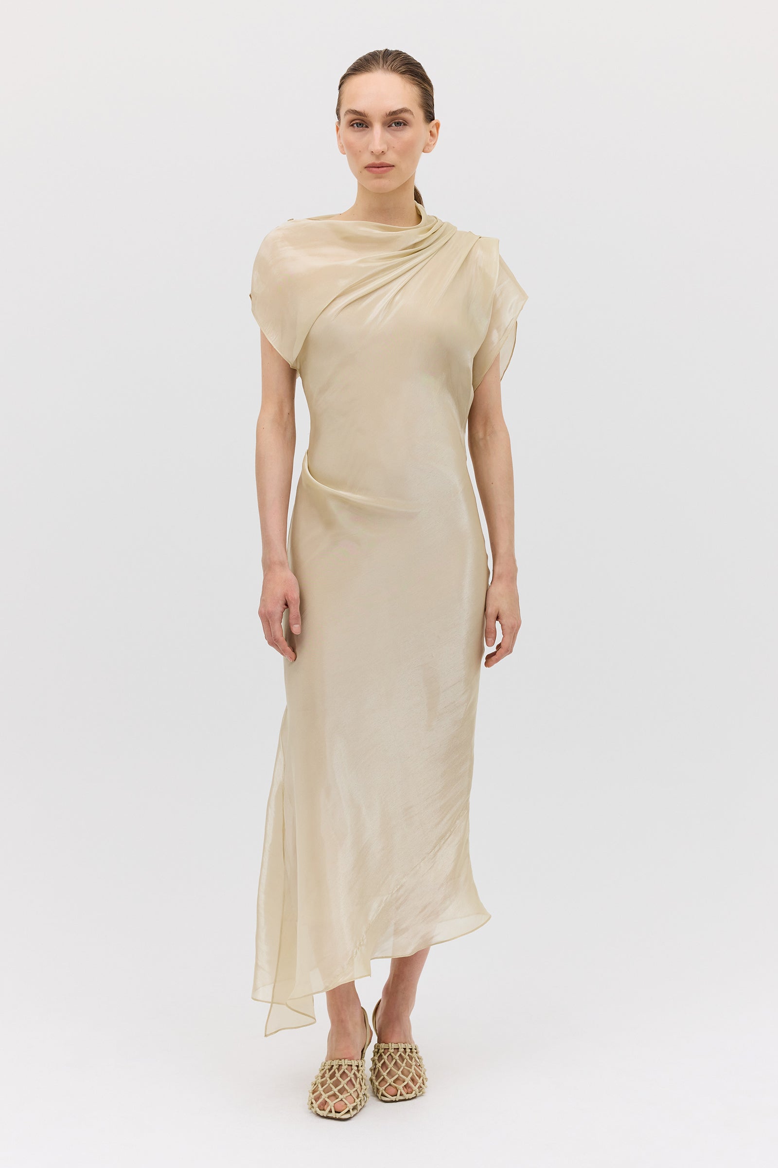 CHAMPAGNE LIQUID ORGANZA DECODE DRESS