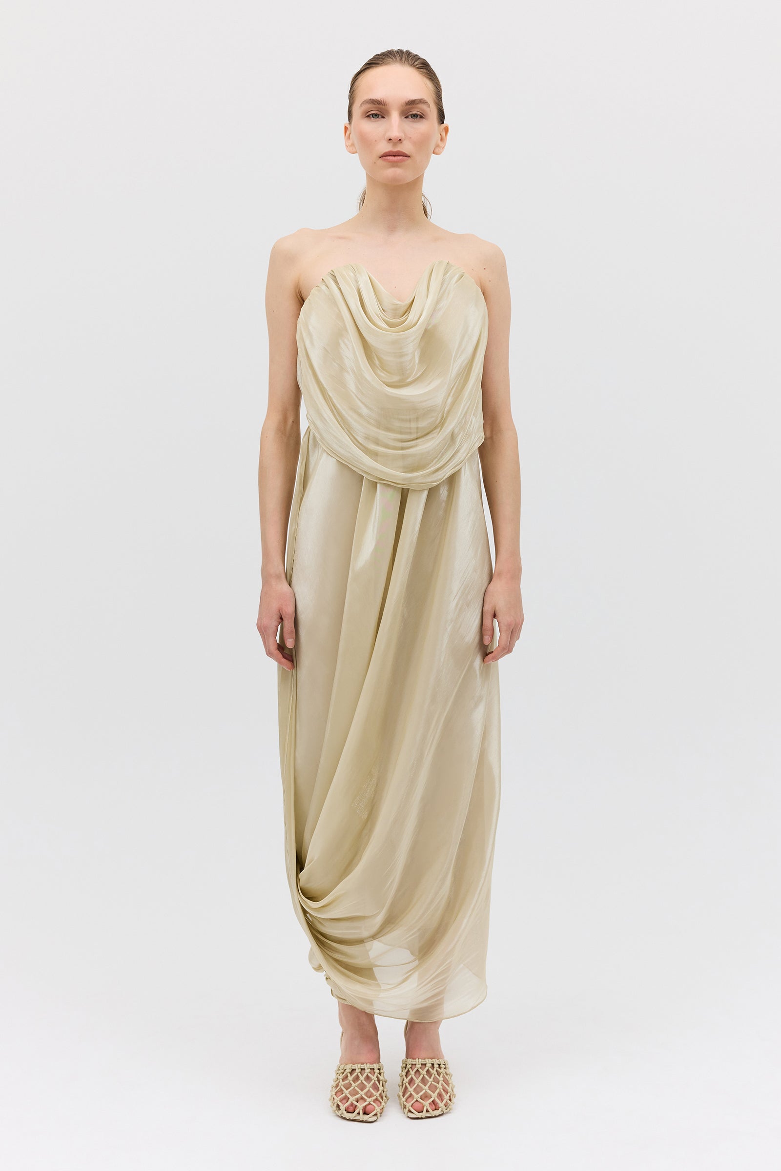 CHAMPAGNE LIQUID ORGANZA TIDAL BUSTIER DRESS