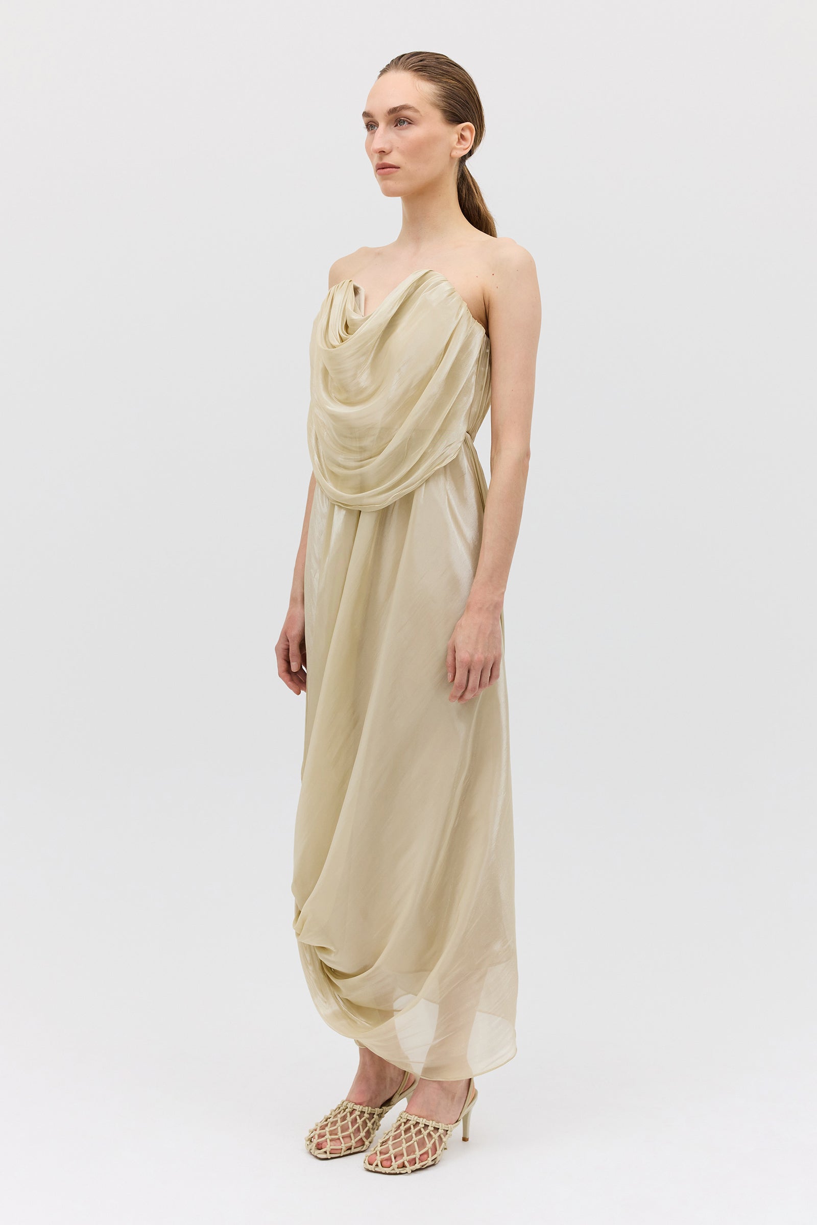 CHAMPAGNE LIQUID ORGANZA TIDAL BUSTIER DRESS