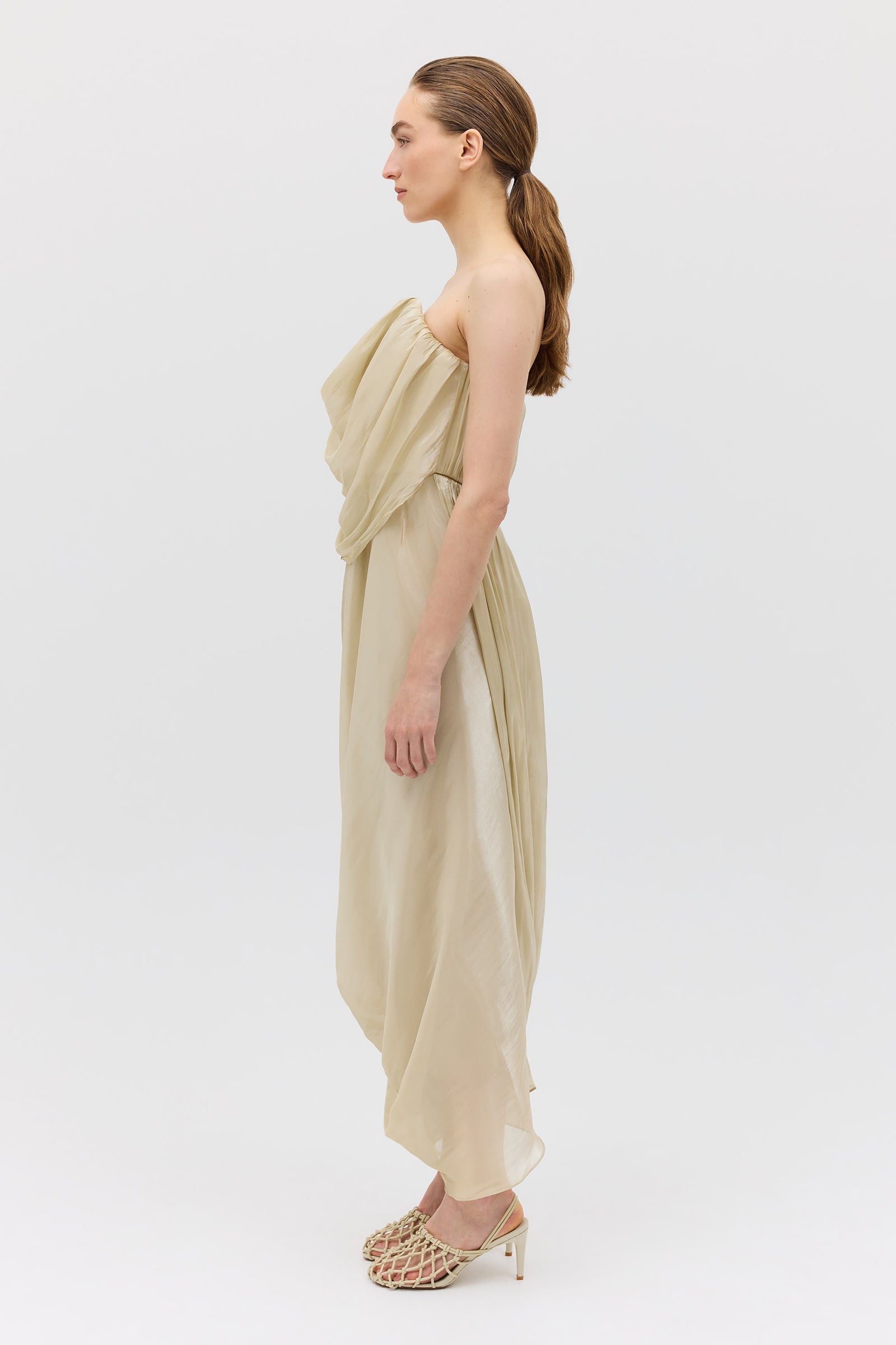 CHAMPAGNE LIQUID ORGANZA TIDAL BUSTIER DRESS
