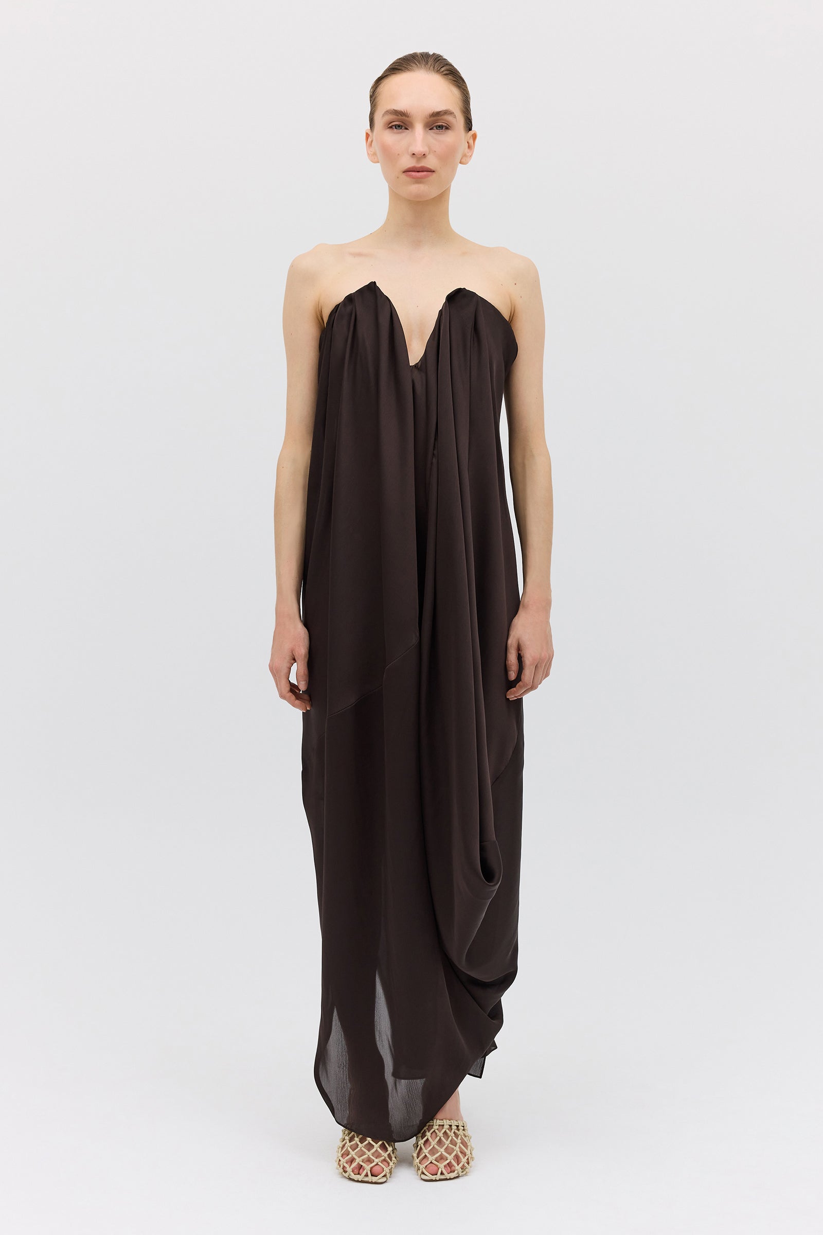 CHOCOLATE SILK SATIN PLUNGE GOWN