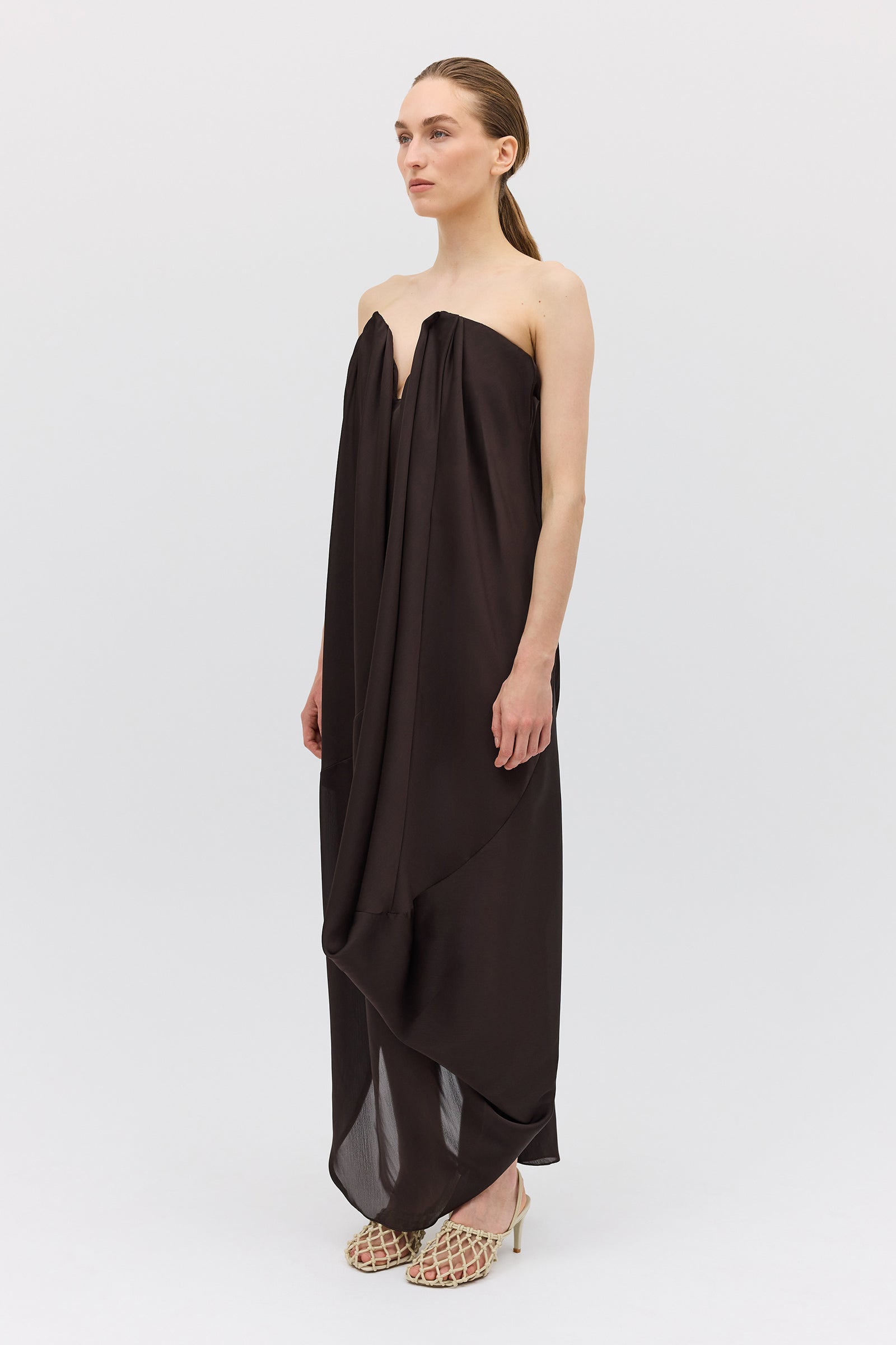 CHOCOLATE SILK SATIN PLUNGE GOWN