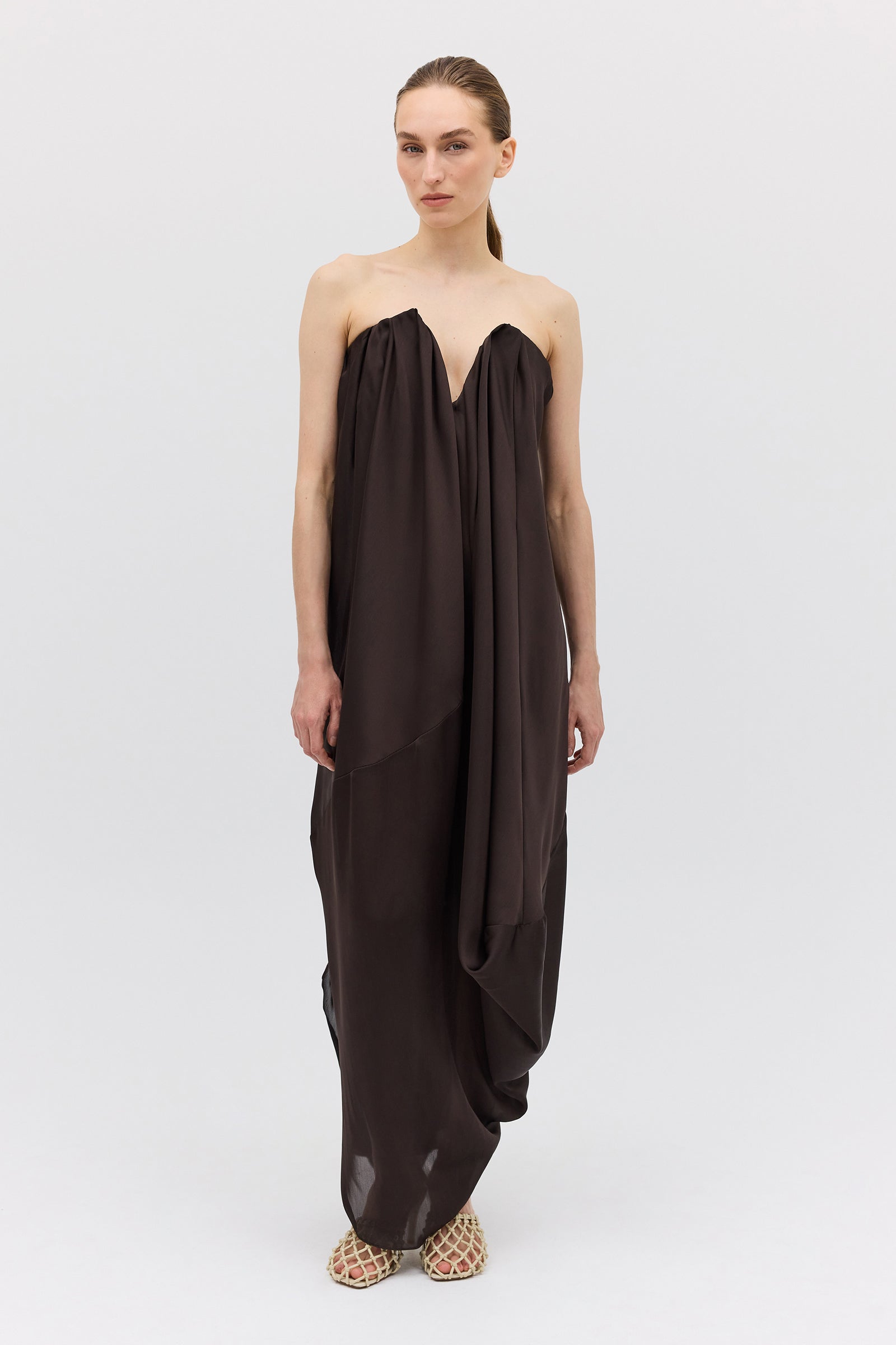 CHOCOLATE SILK SATIN PLUNGE GOWN