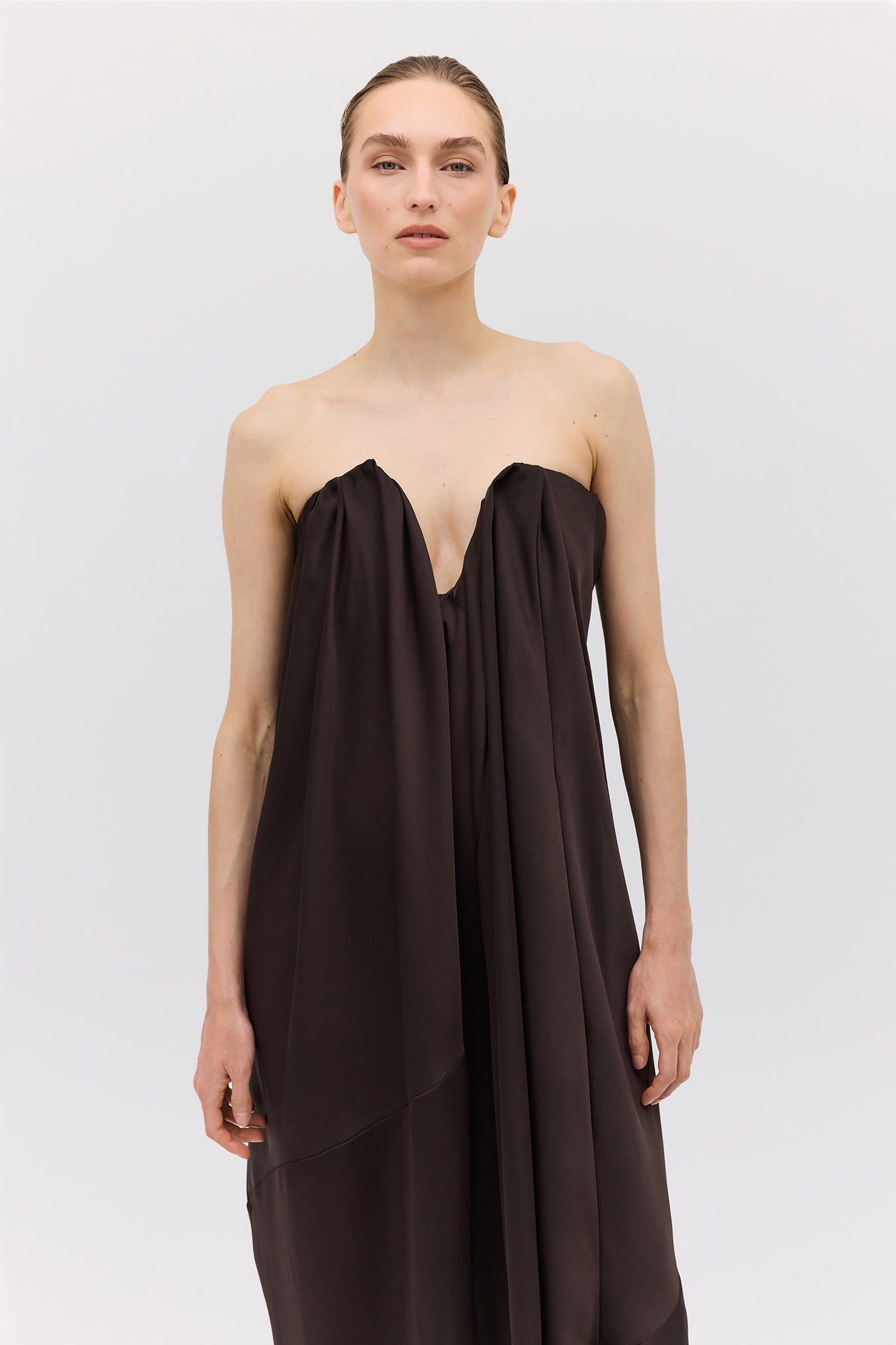 CHOCOLATE SILK SATIN PLUNGE GOWN