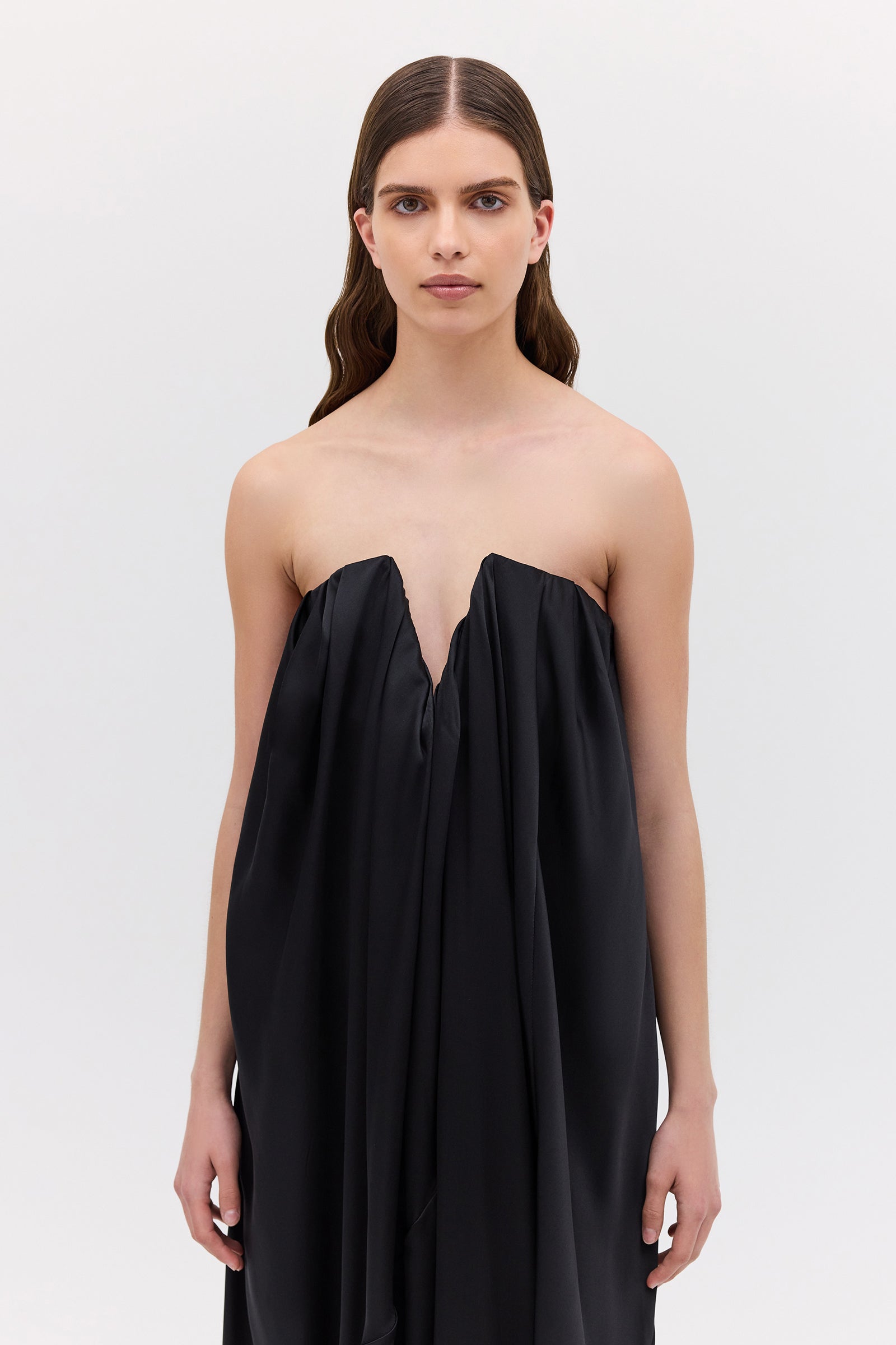 BLACK SILK SATIN PLUNGE GOWN