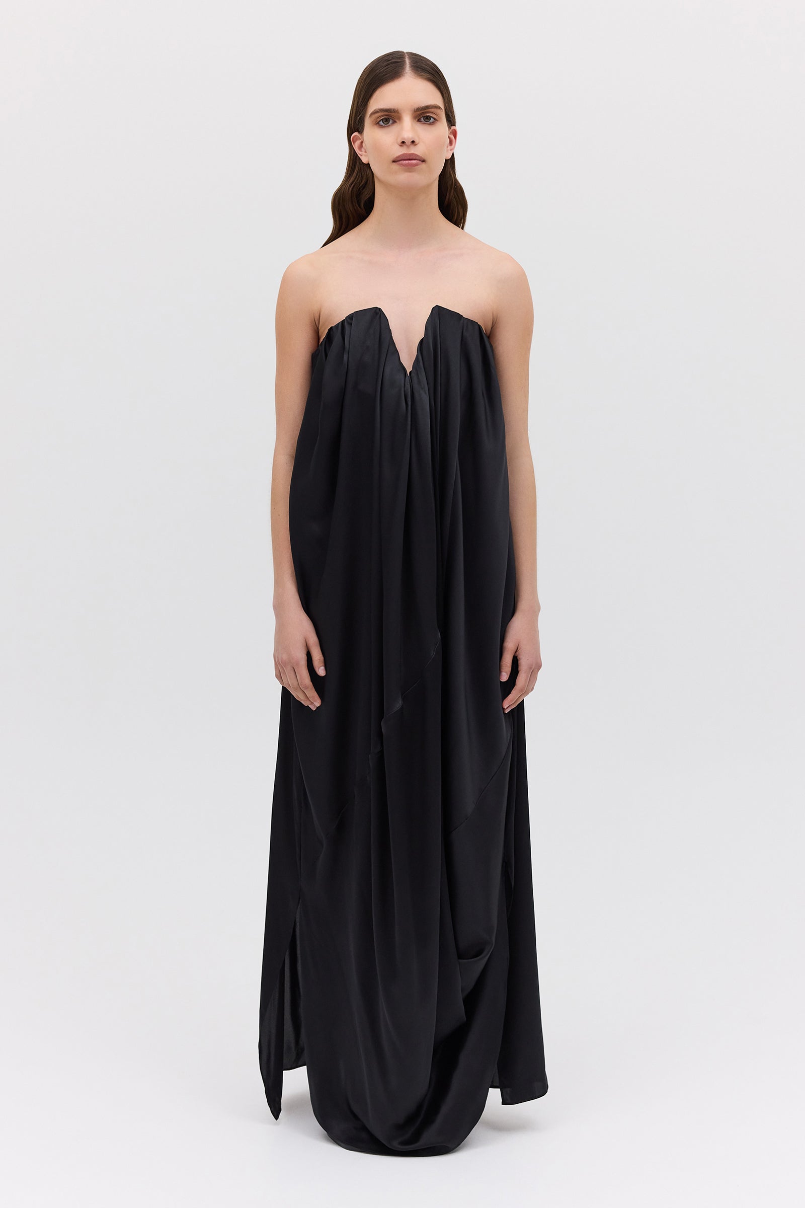 BLACK SILK SATIN PLUNGE GOWN