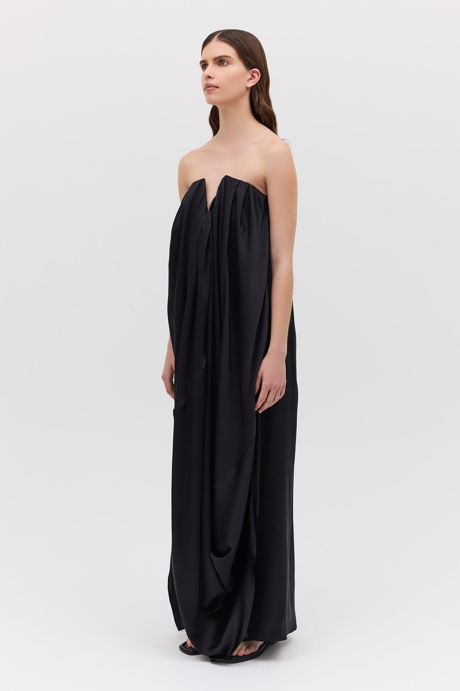 BLACK SILK SATIN PLUNGE GOWN