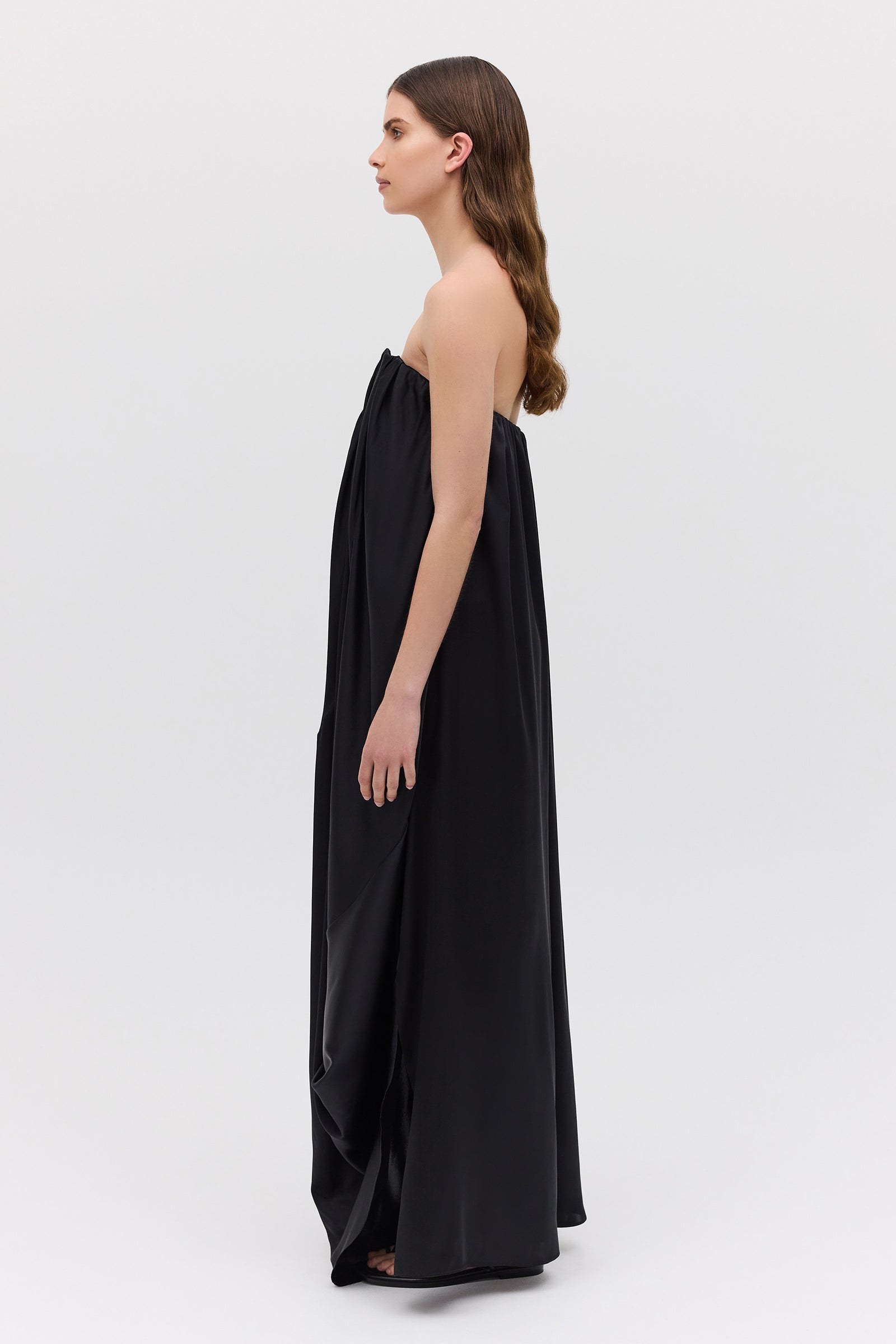 BLACK SILK SATIN PLUNGE GOWN