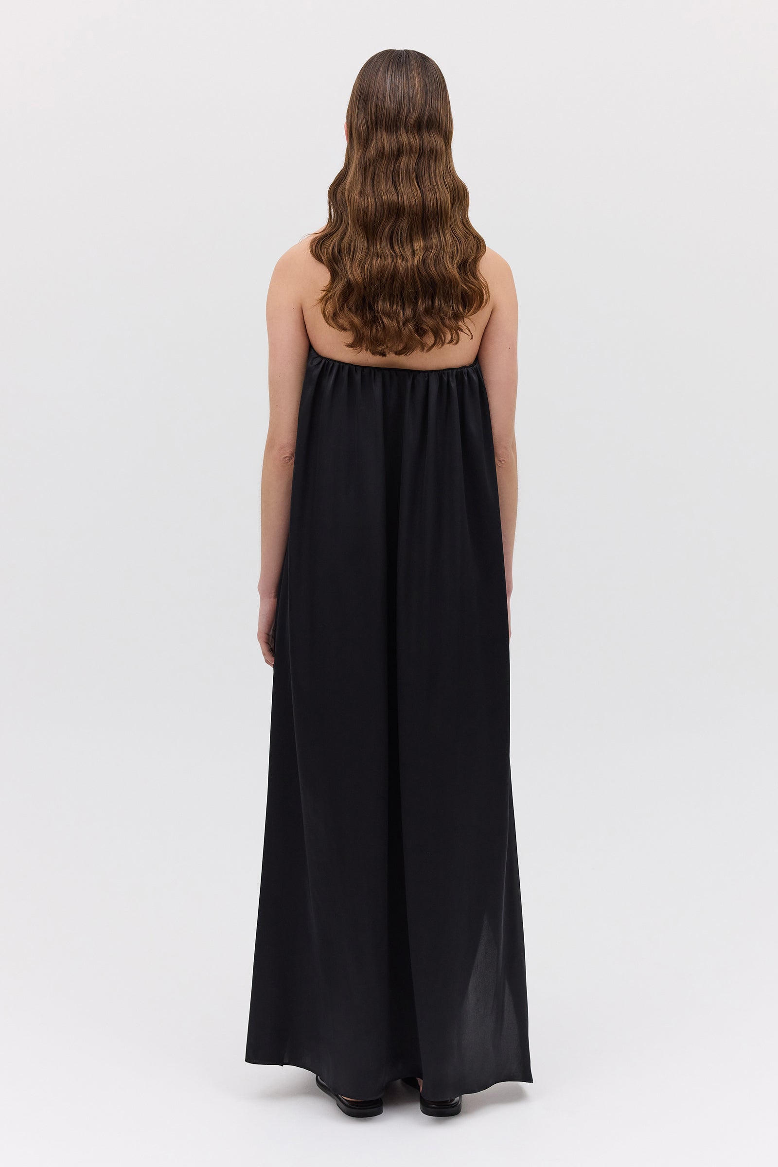 BLACK SILK SATIN PLUNGE GOWN