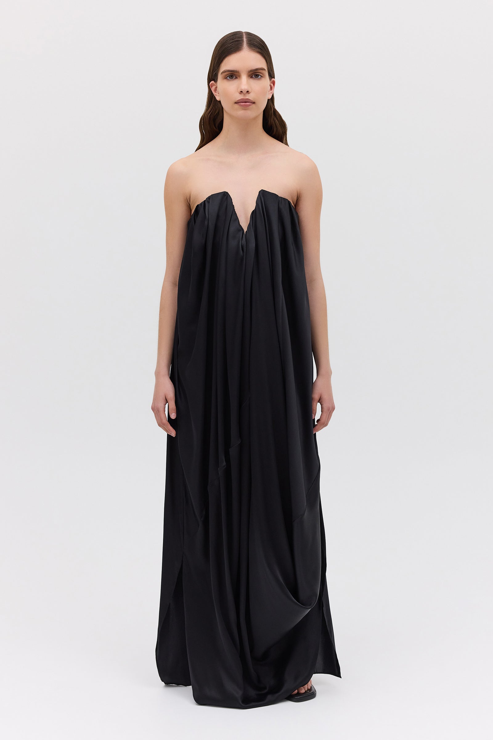BLACK SILK SATIN PLUNGE GOWN