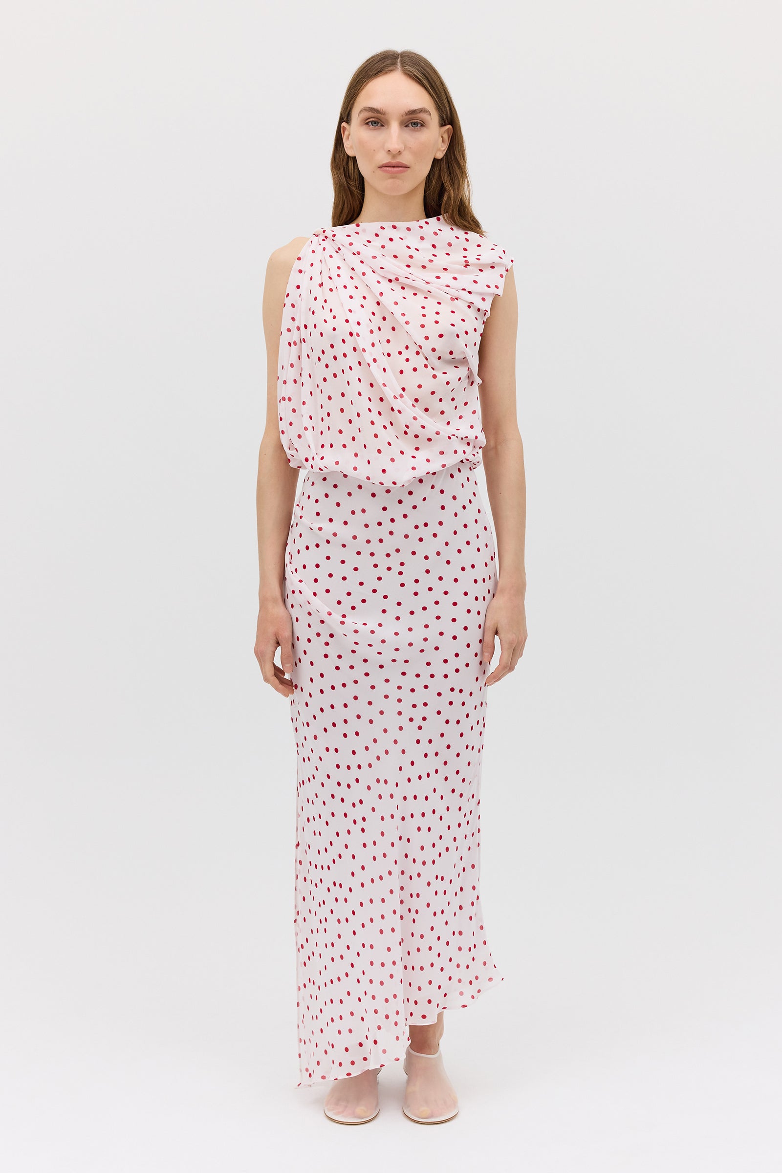 RED POLKA DOT CHIFFON TUMBLE DRESS