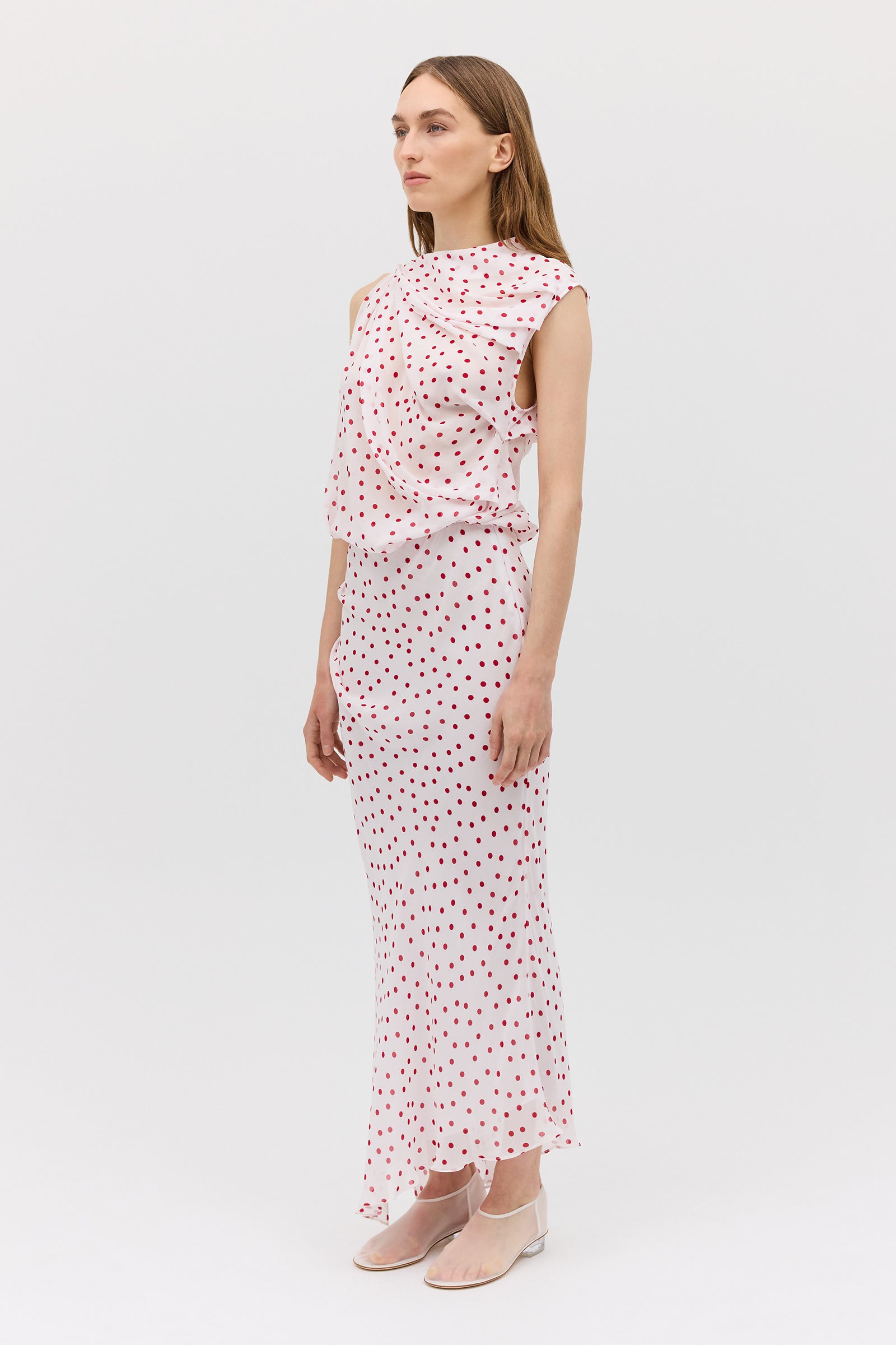 RED POLKA DOT CHIFFON TUMBLE DRESS