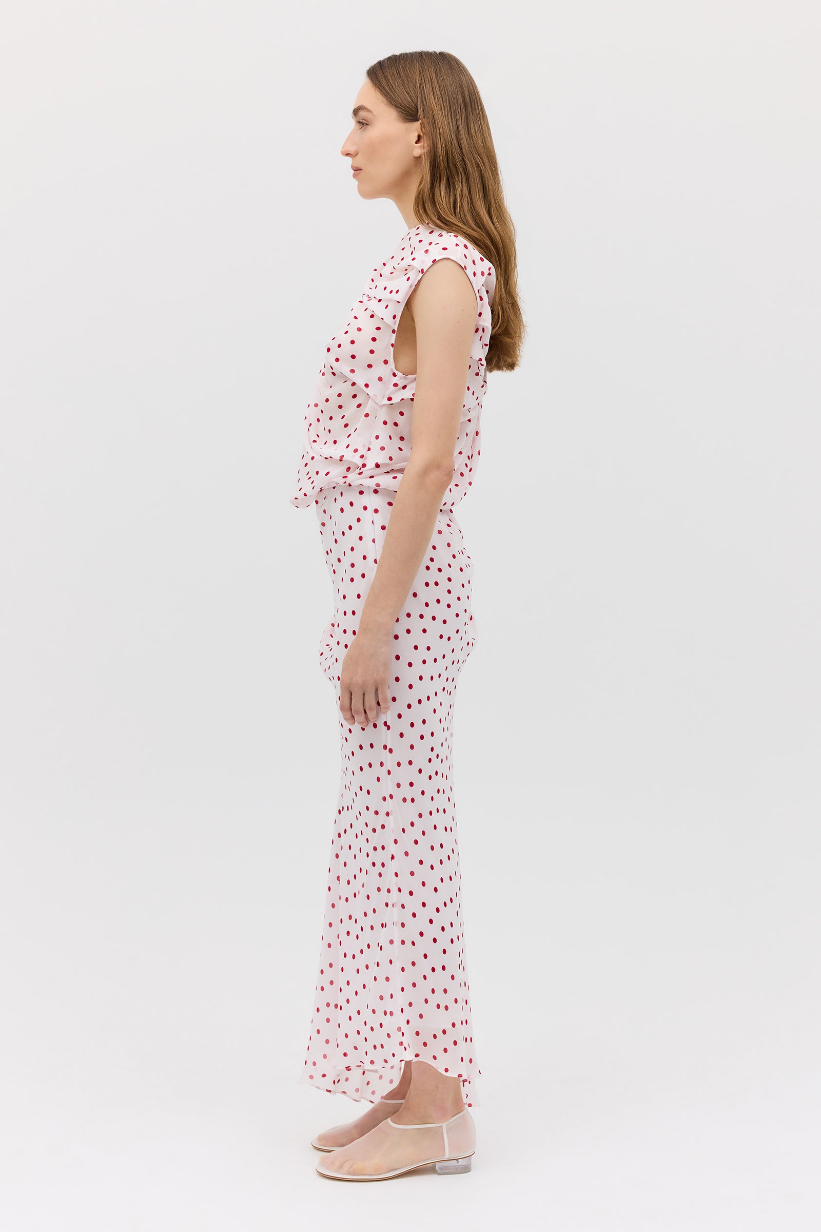 RED POLKA DOT CHIFFON TUMBLE DRESS