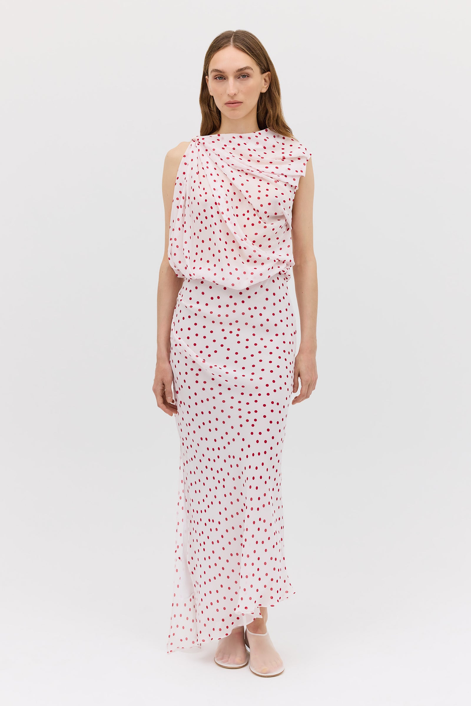 RED POLKA DOT CHIFFON TUMBLE DRESS