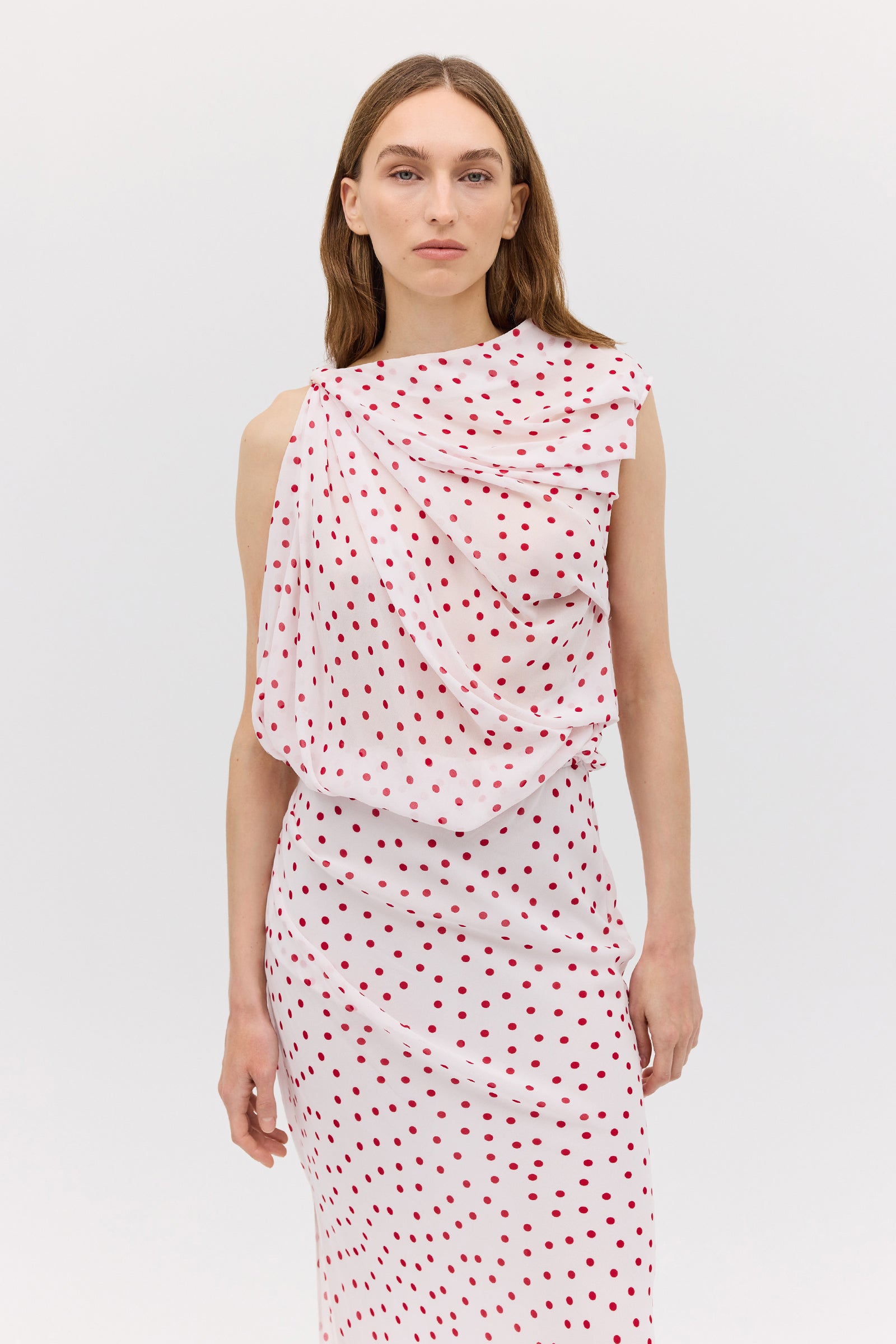 RED POLKA DOT CHIFFON TUMBLE DRESS