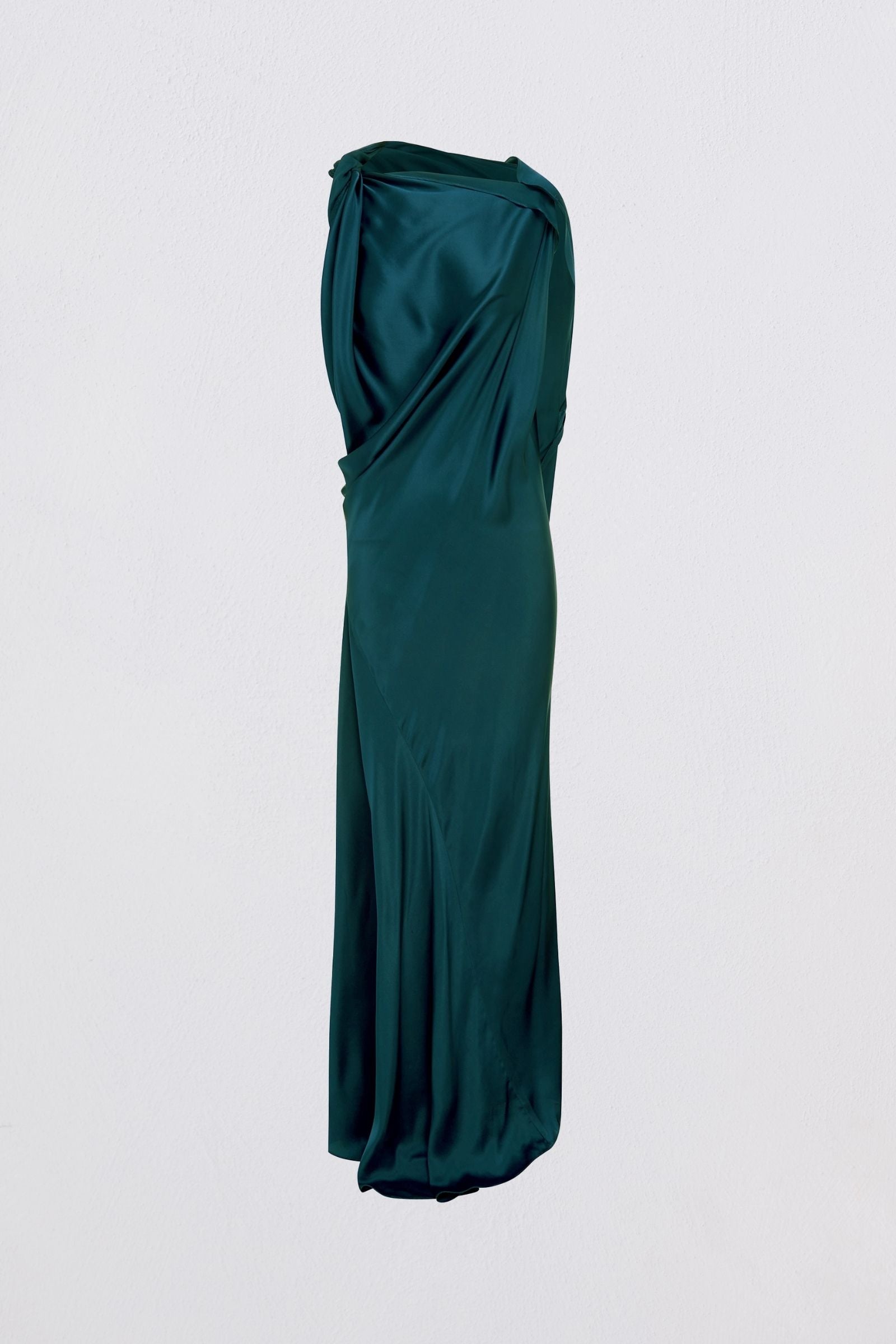 Teal one-shoulder dress on a light gray background