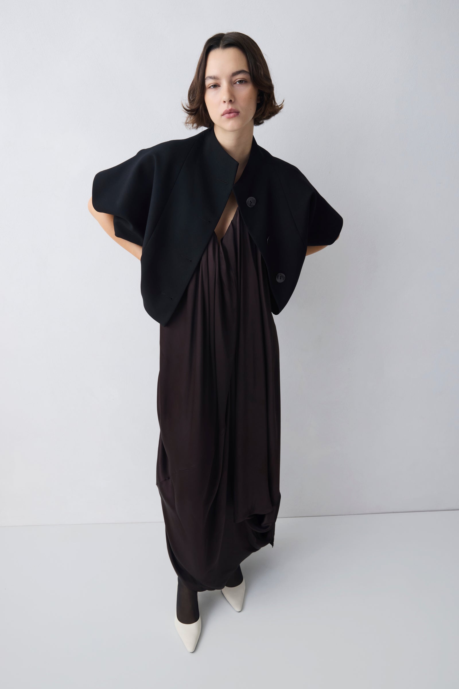 CHOCOLATE SILK SATIN PLUNGE GOWN