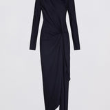 NAVY SATIN CREPE MORI MIDI DRESS