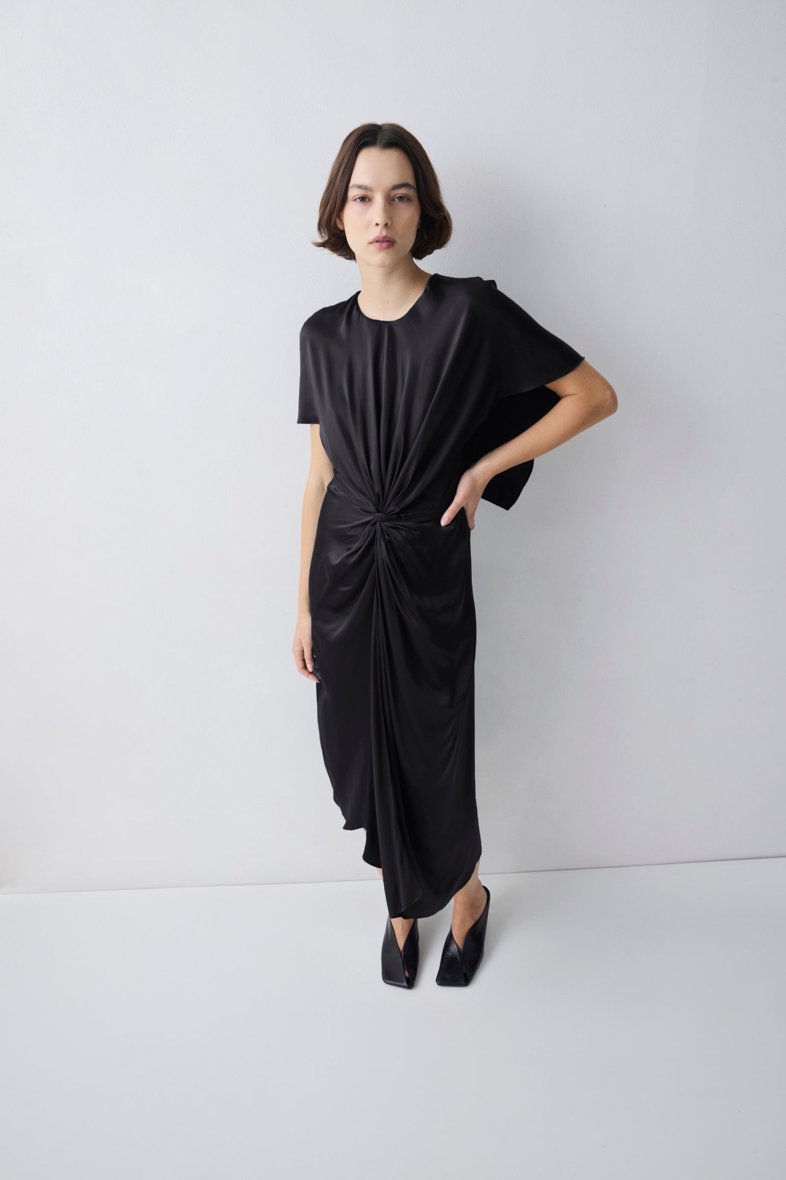 CHOCOLATE SILK SATIN ILLUSIONIST DRESS