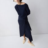 NAVY SATIN CREPE MORI MIDI DRESS