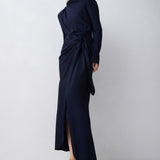 NAVY SATIN CREPE MORI MIDI DRESS