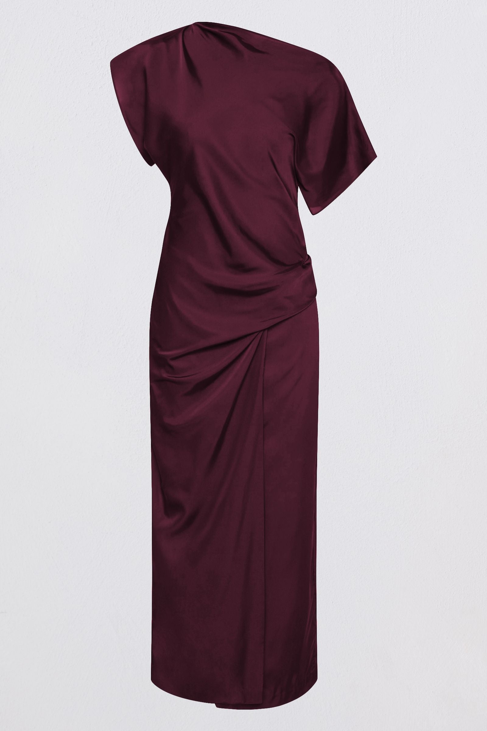 A dark burgundy one-shoulder midi dress with draped fabric details, shown against a plain light gray background.