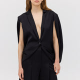 BLACK SATIN SUITING CURRENT CAPE JACKET