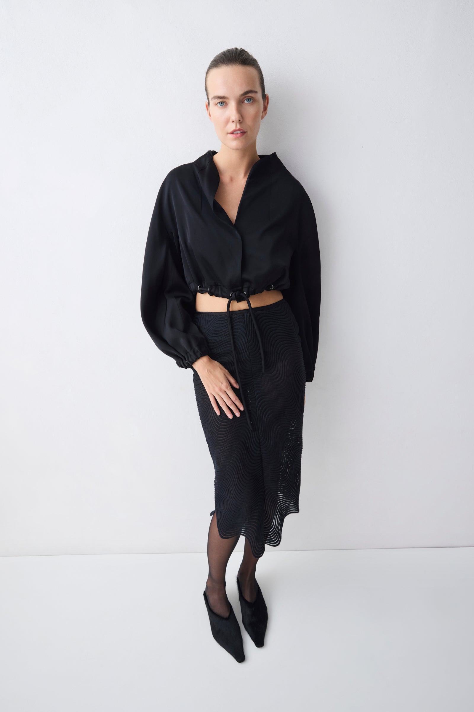 BLACK SATIN SUITING CAMPBELL BOMBER