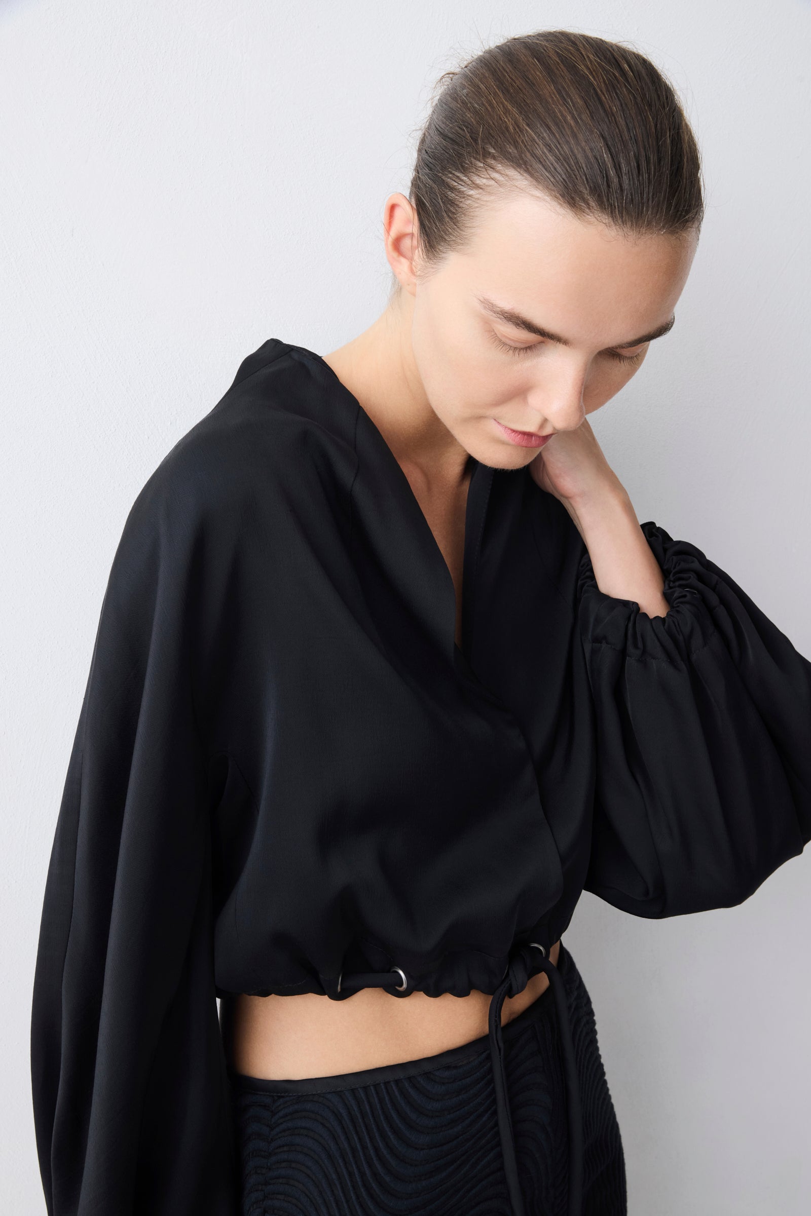 BLACK SATIN SUITING CAMPBELL BOMBER