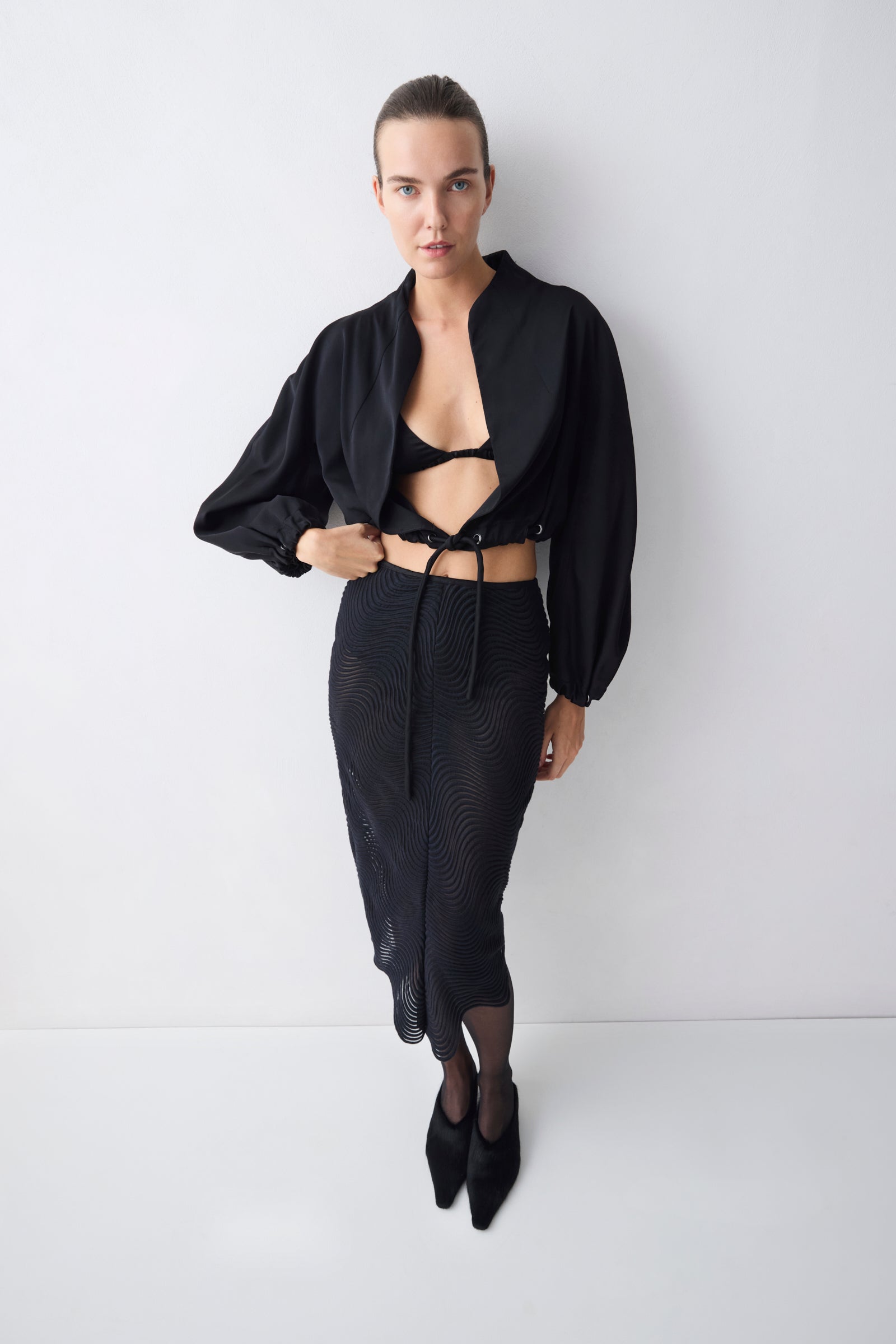 BLACK SATIN SUITING CAMPBELL BOMBER
