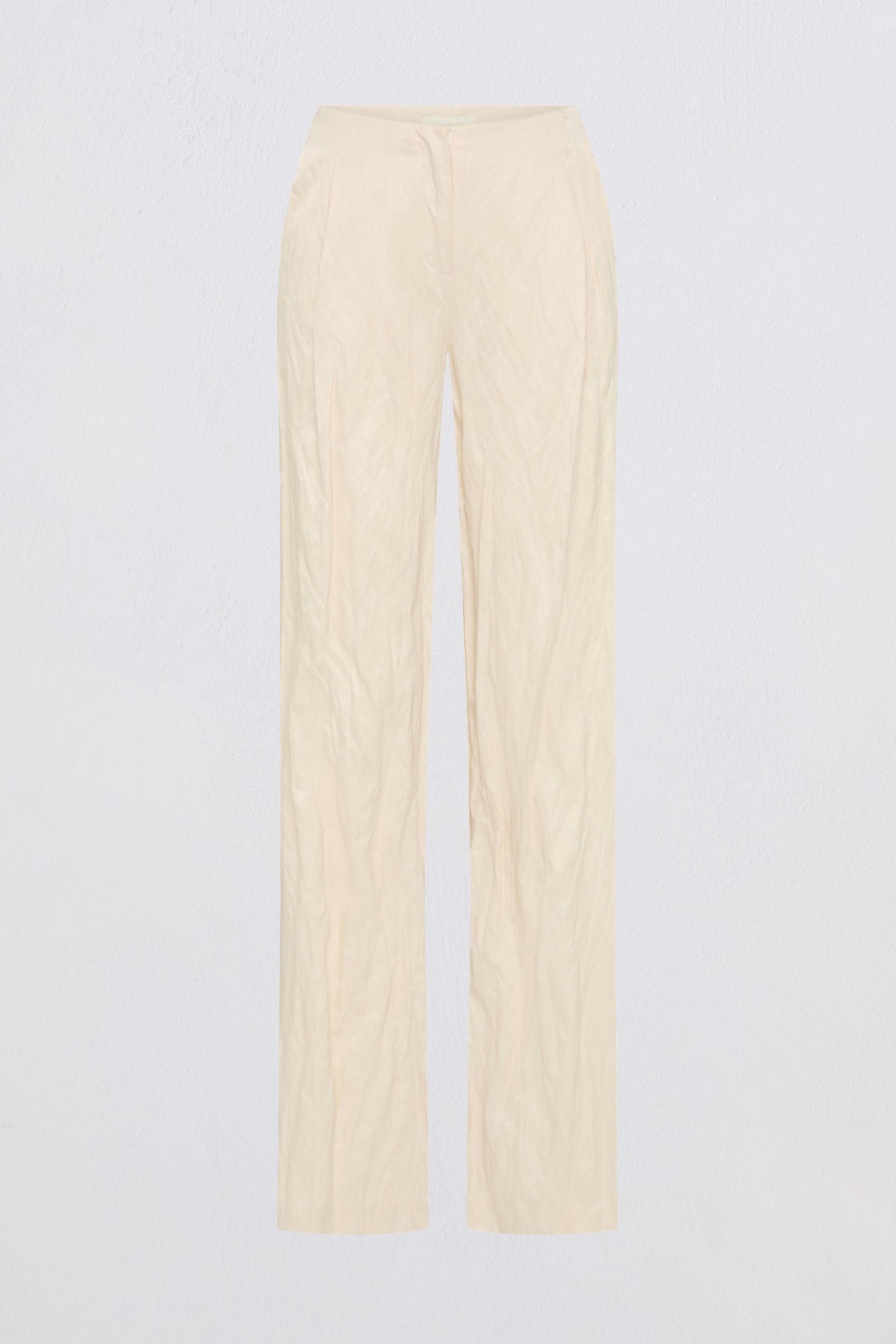 A pair of light cream or off-white wide-leg trousers with a subtle vertical textured pattern, shown flat against a plain white background.