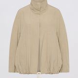 A beige high-neck jacket with a drawstring hem, displayed on a clean white background.