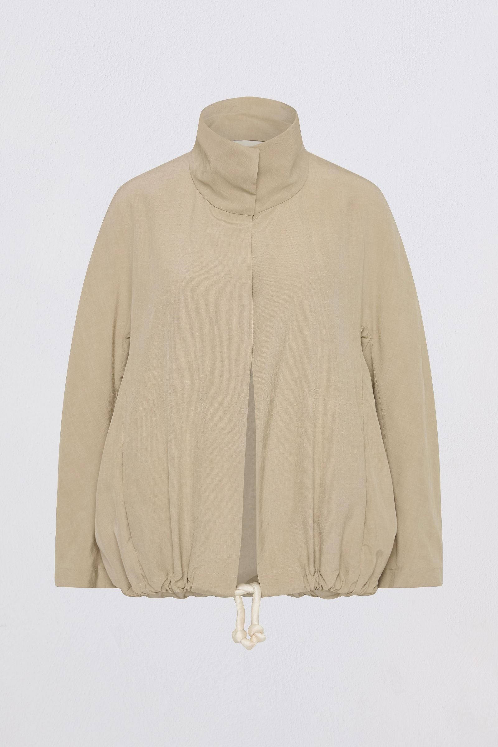A beige high-neck jacket with a drawstring hem, displayed on a clean white background.