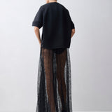 Person wearing a black outfit with a sheer black skirt on a white background