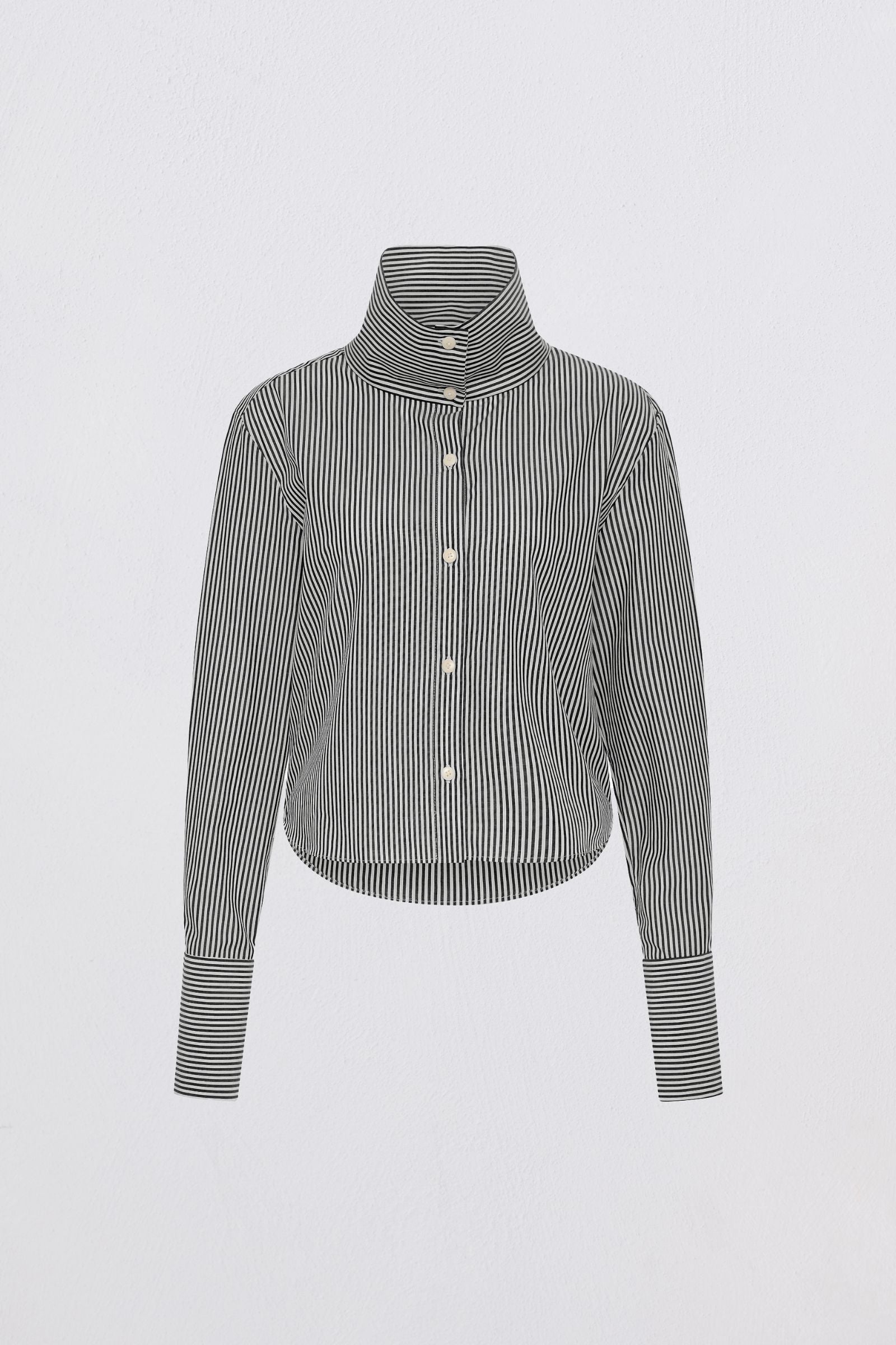Striped shirt with a high collar on a light gray background