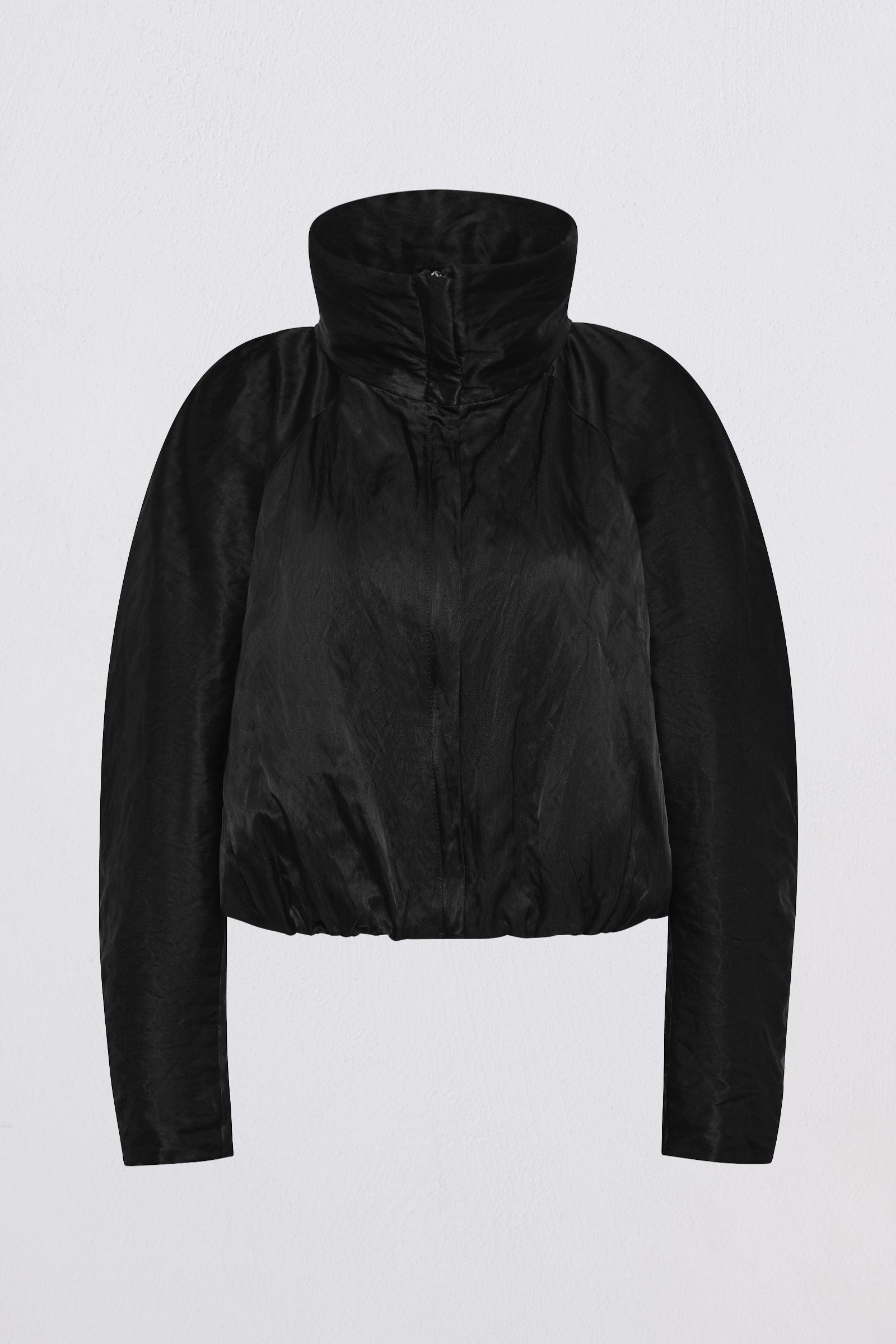 A black cropped jacket with a high stand-up collar and long sleeves, shown against a plain light gray background.