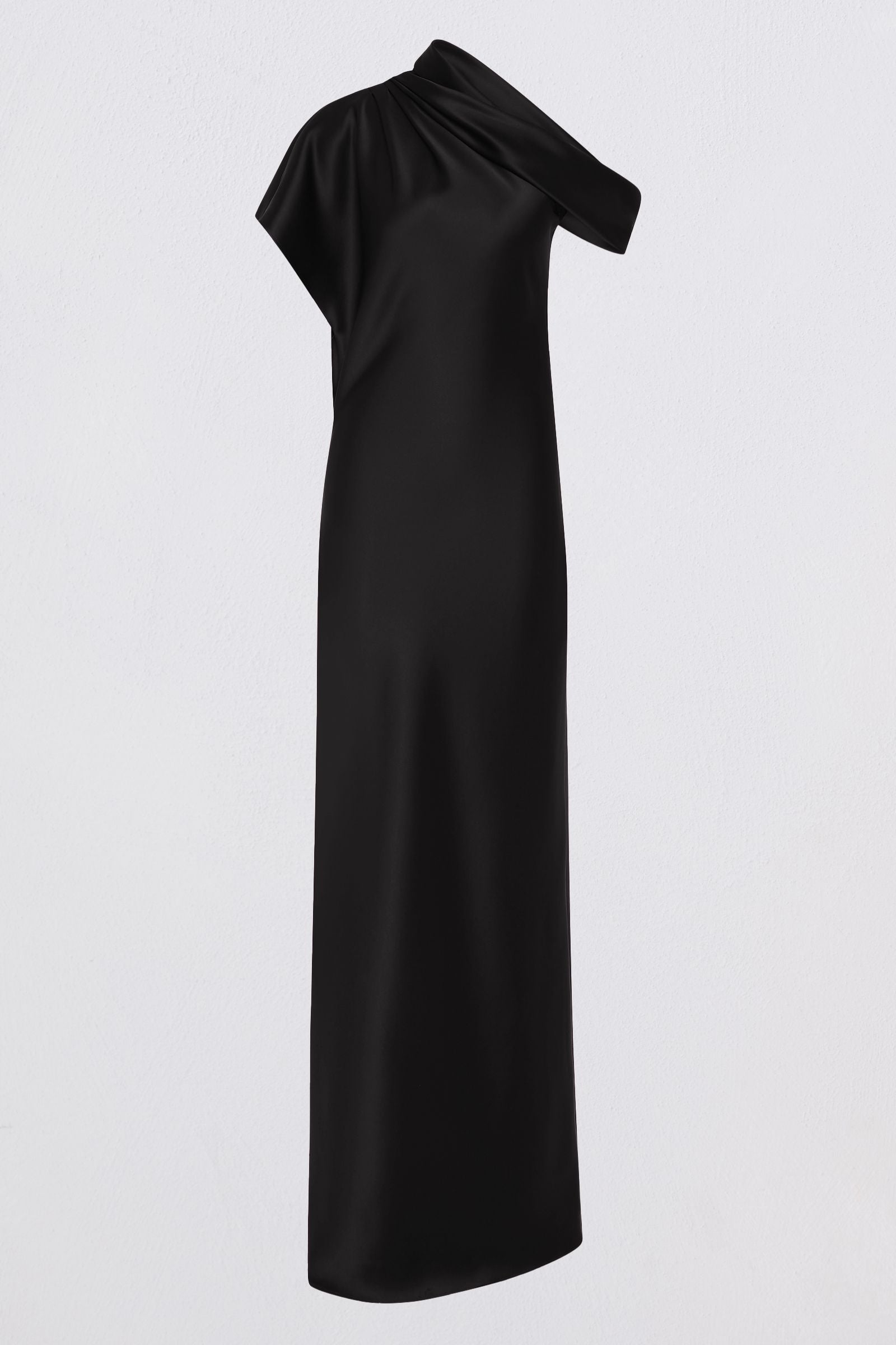 A black one-shoulder midi dress with a draped, asymmetrical neckline, shown on a plain light gray background.
