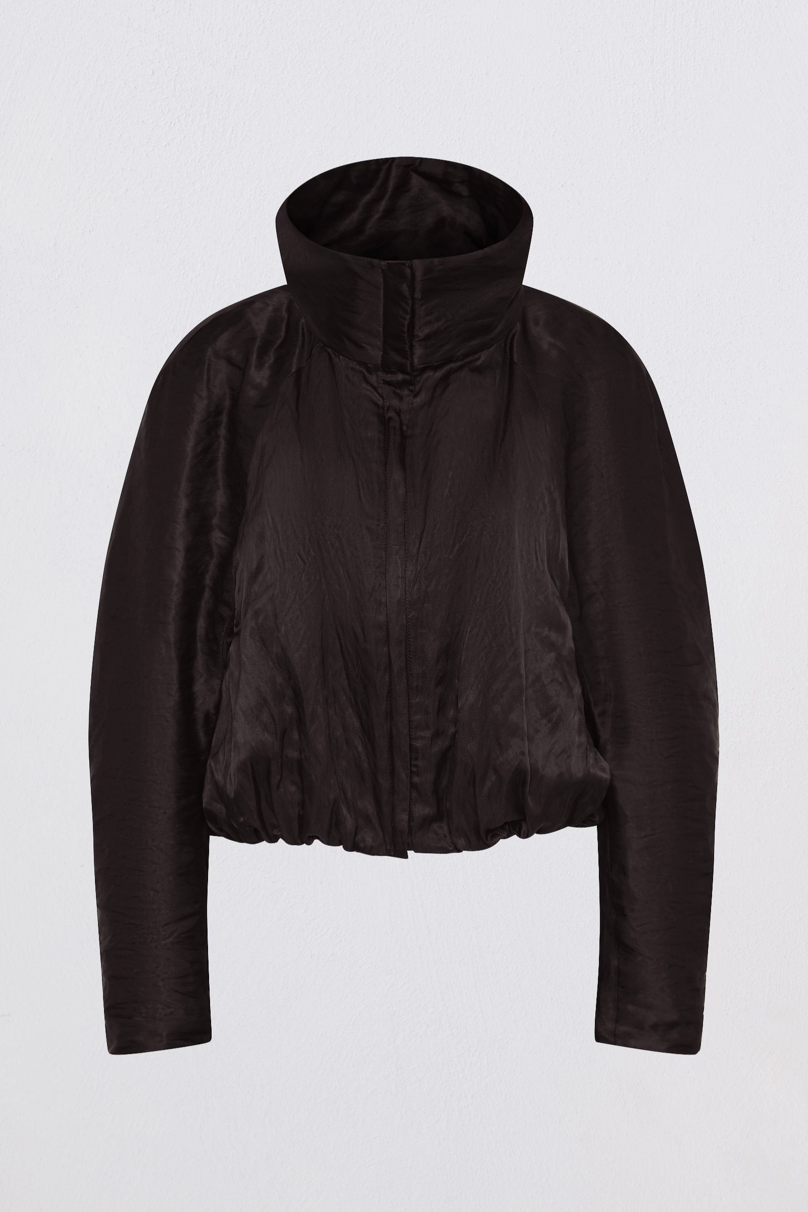 A black cropped jacket with a high stand-up collar and long sleeves, shown against a plain light gray background.