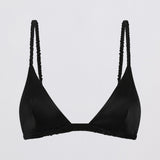 A black triangle bralette with textured, fringed straps, displayed against a plain light gray background.
