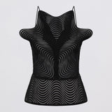 Black sleeveless top with a unique pattern on a light gray background