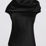 A black satin cowl-neck top displayed on a mannequin torso against a light gray background.