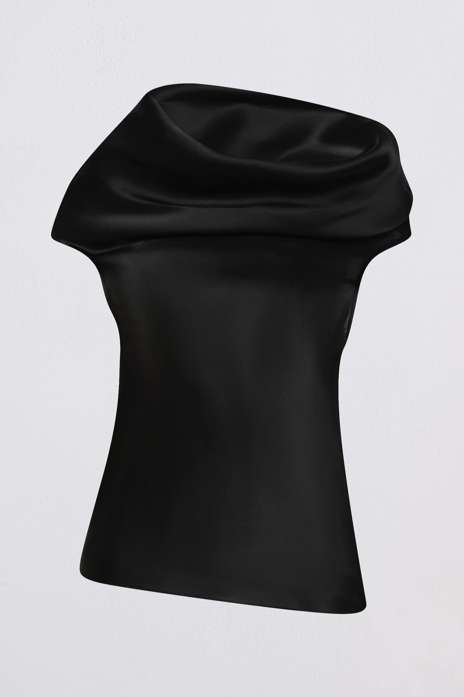 A black satin cowl-neck top displayed on a mannequin torso against a light gray background.