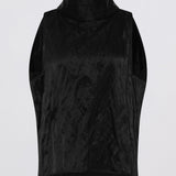 A black sleeveless mock-neck top with a crinkled, textured fabric, shown against a plain light gray background.
