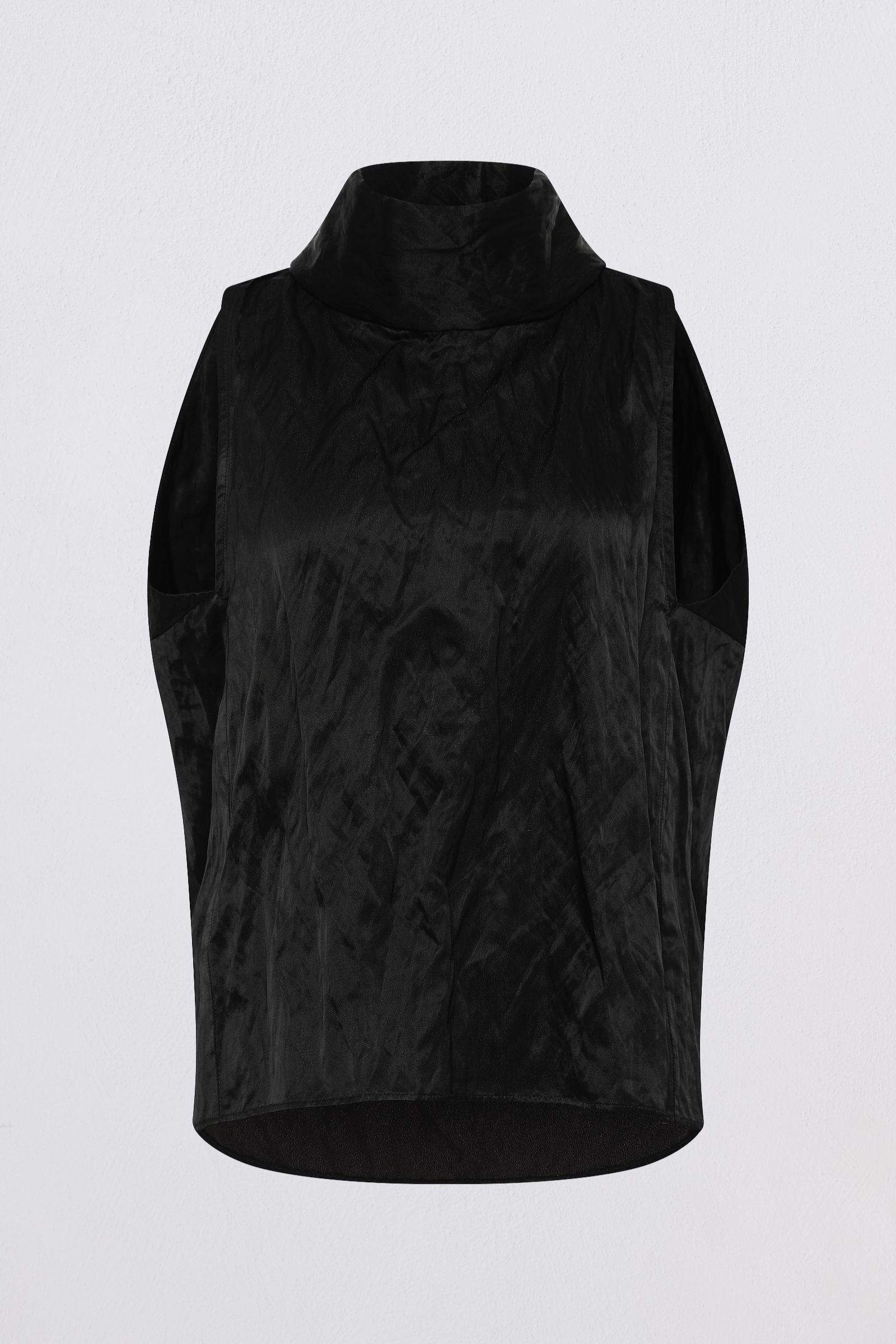 A black sleeveless mock-neck top with a crinkled, textured fabric, shown against a plain light gray background.