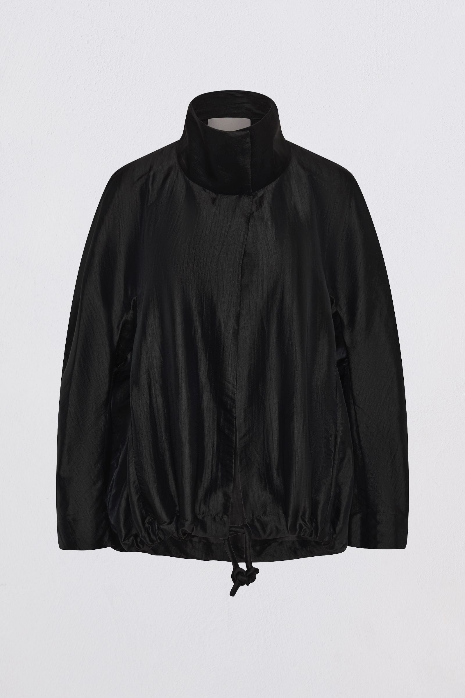 A black lightweight jacket with a high mock neck collar and drawstring hem, displayed on a clean white background.