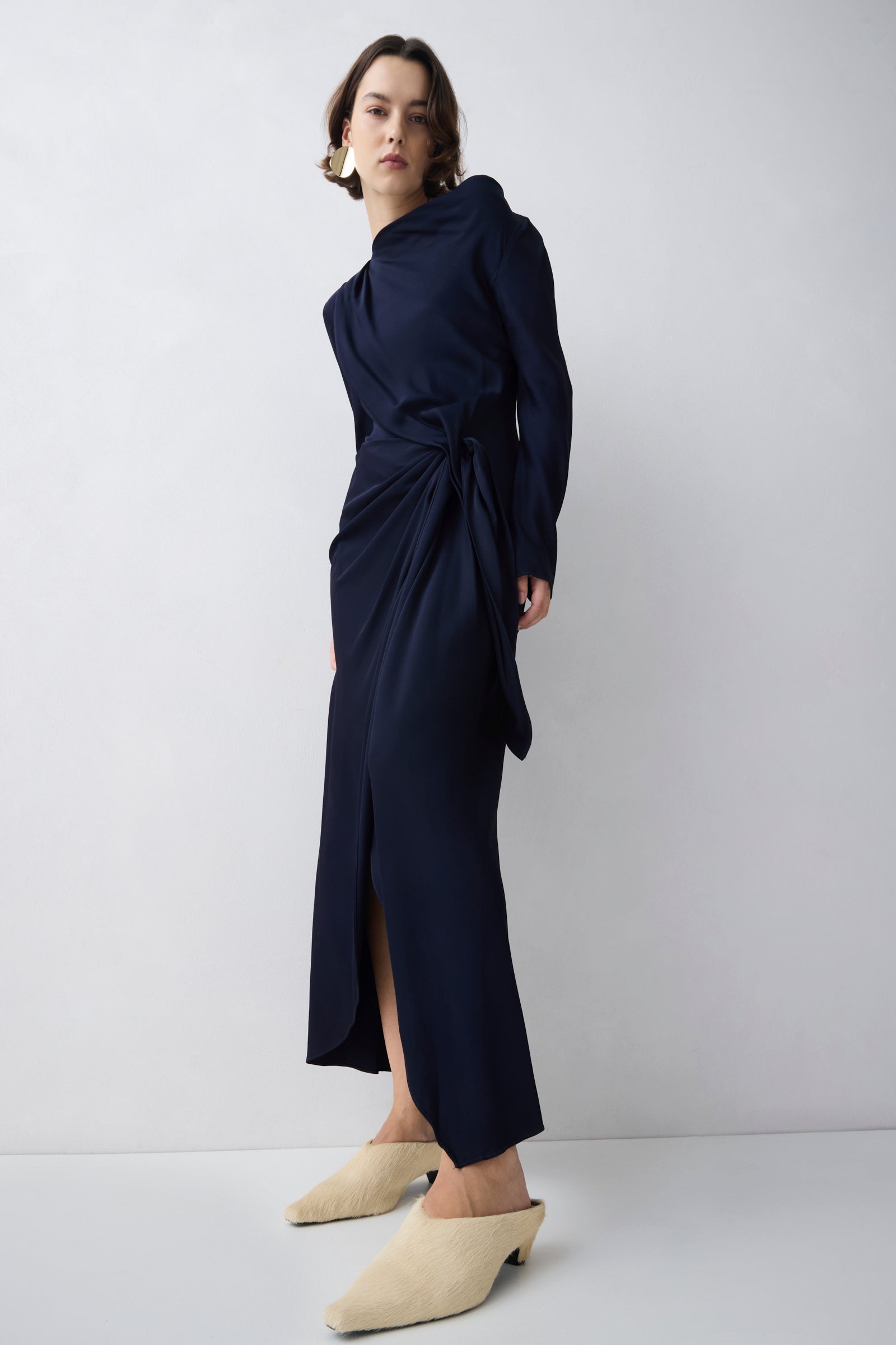 NAVY SATIN CREPE MORI MIDI DRESS