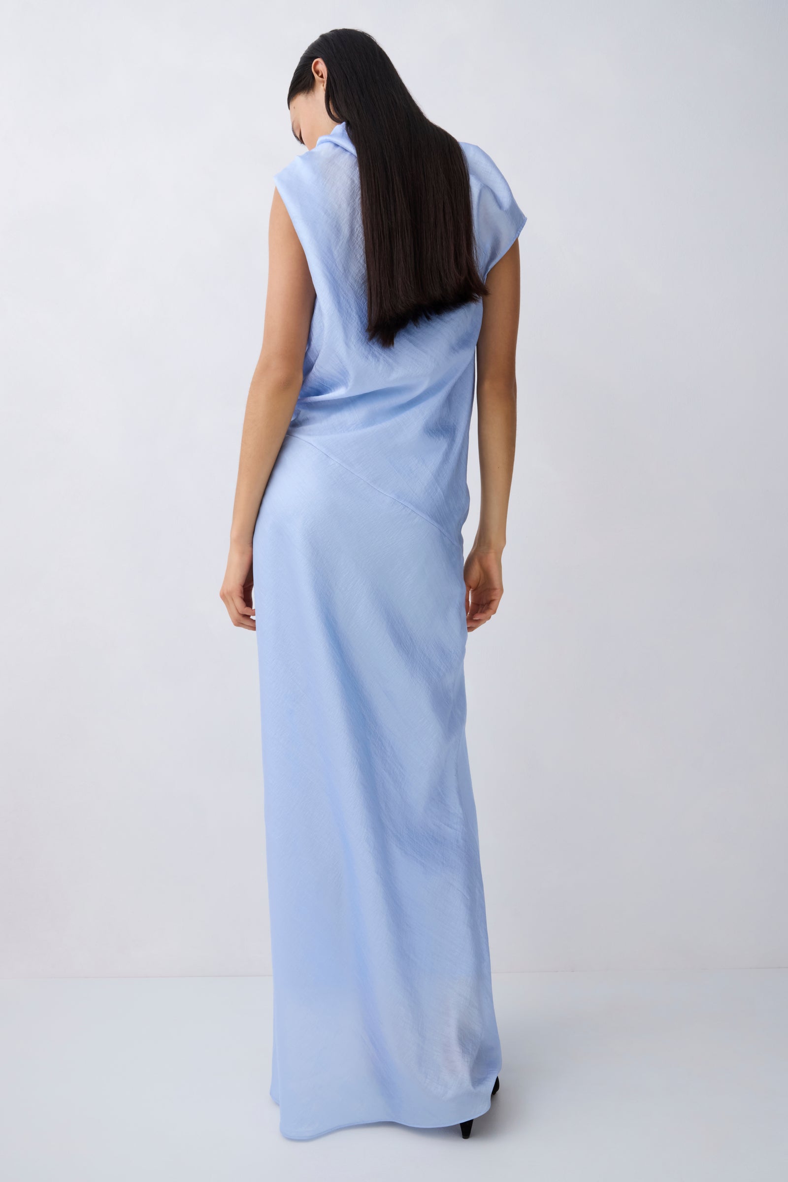 A woman with long dark hair is shown from the back wearing a sleeveless light blue maxi dress against a plain light gray studio background.